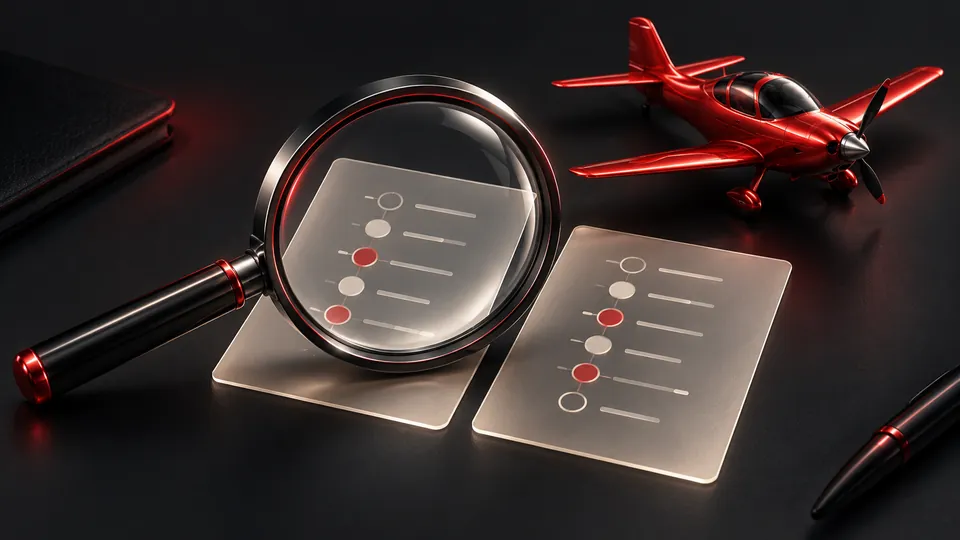Magnifying glass over two abstract round-record cards beside a red model aircraft