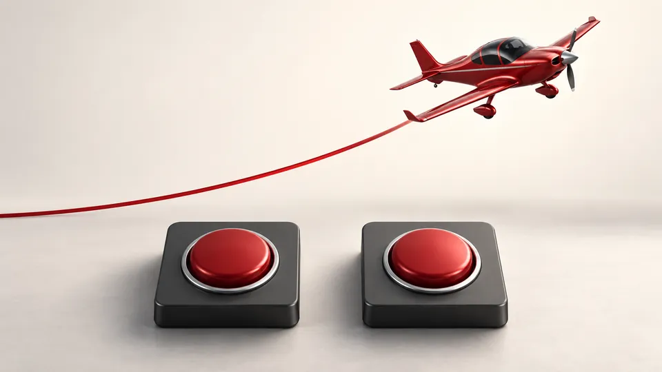 Red propeller aircraft above a curved flight path and two separate control buttons