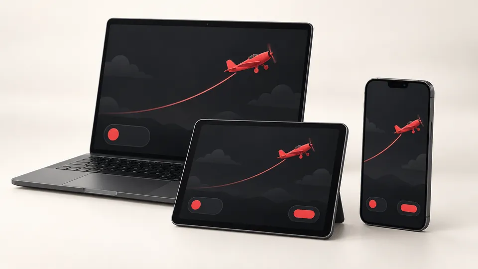 Laptop, tablet and smartphone with red aircraft illustrations on dark screens