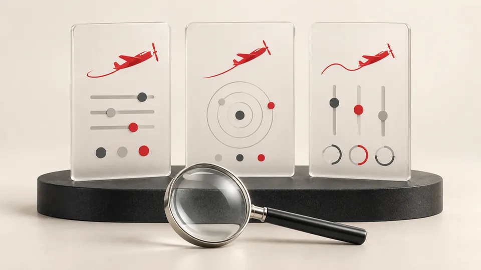 Three ivory platform cards with red aircraft motifs beside a magnifying glass