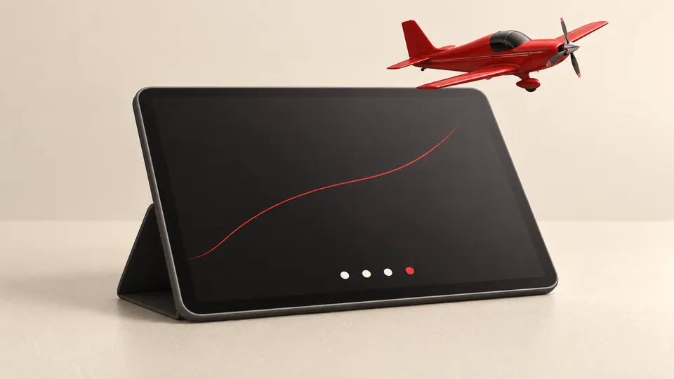 Red aircraft above a tablet showing a curved flight path and four practice steps