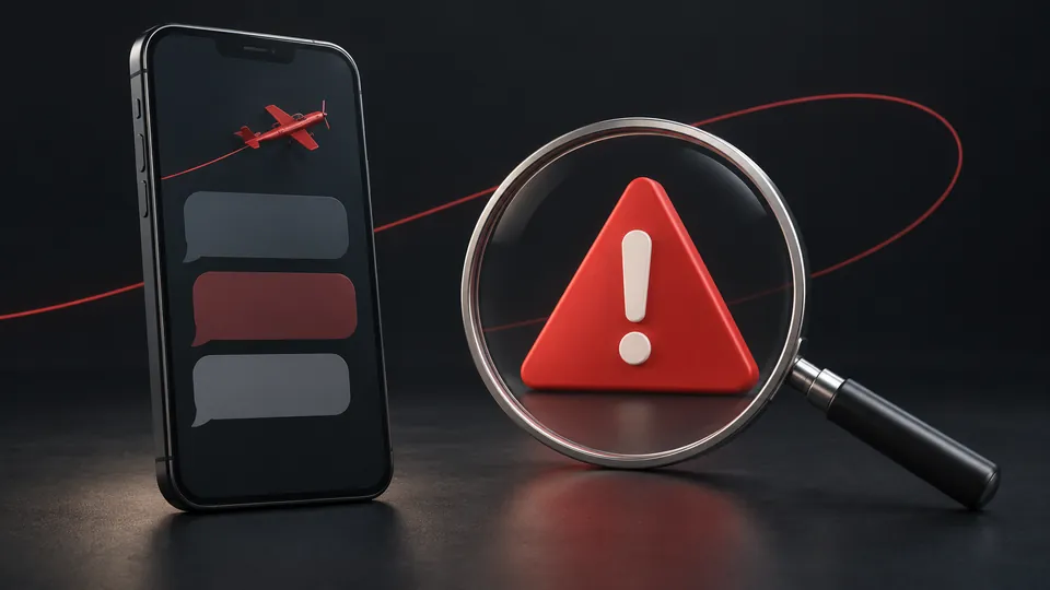 Magnifying glass examining a warning triangle beside a phone with blank message bubbles