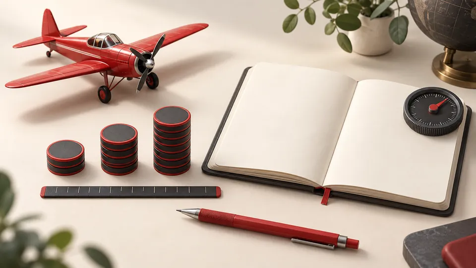 Red model aircraft beside a blank notebook, three stacks of counters and a small dial