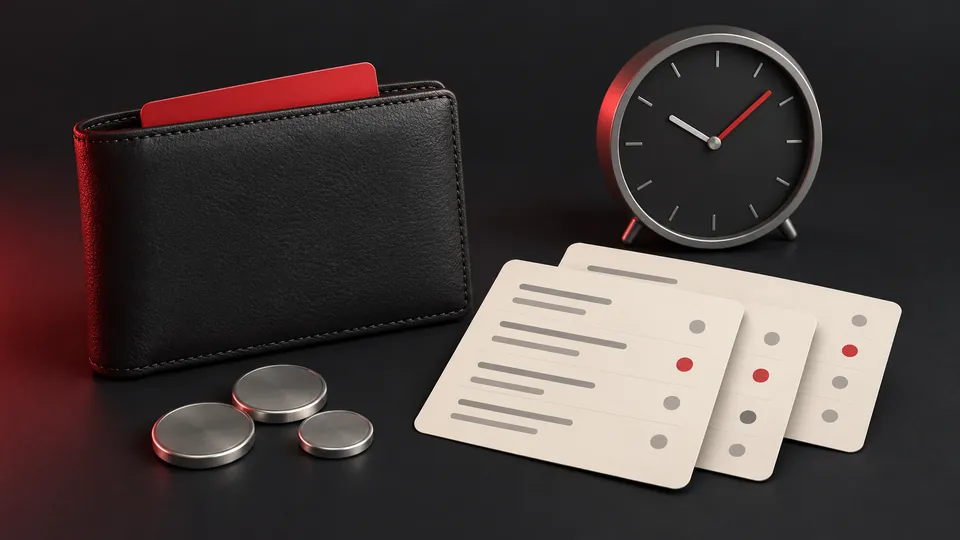 Dark wallet with a red card beside transaction records, three silver discs and a clock